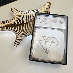 Macy's Sterling Silver Cubic Zirconia Studs With Earring Dish NWT